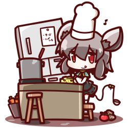 Rule 34 | 1girl, :p, animal ears, chair, cheese, chef hat, chibi, closed eyes, cooking, crossed arms, food, grey hair, hat, highres, kitchen, ladle, mouse ears, mouse tail, musical note, nazrin, nuu (nu-nyu), pot, quaver, red eyes, refrigerator, simple background, solo, tail, tongue, tongue out, touhou, u u, white background