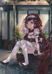 Rule 34 | 1girl, adjusting clothes, adjusting headwear, animal ears, apron, bow, breasts, brown hair, cat ears, cleavage, closed mouth, copyright request, frills, full body, garter straps, grey eyes, high heels, highres, hood, klem, light smile, looking at viewer, maid, maid headdress, plant, short hair, signature, sitting, solo, storefront, swept bangs, thighhighs, waist apron, white thighhighs, window