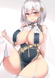 Rule 34 | 1girl, alternate costume, arm behind back, azur lane, black dress, blush, breasts, covered navel, dress, eyelashes, flower (symbol), garter straps, hair between eyes, hair ornament, hand up, heart, heart-shaped pupils, highres, knee up, kuavera, looking at viewer, no bra, open mouth, pelvic curtain, red eyes, revealing clothes, see-through, see-through sleeves, short hair, simple background, sirius (azur lane), sirius (azure horizons) (azur lane), sitting, smile, solo, symbol-shaped pupils, thick thighs, thighhighs, thighs, white hair, white thighhighs