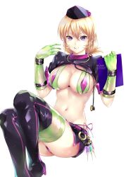 Rule 34 | 10s, 1girl, :q, bikini, blonde hair, blush, boots, breasts, cosplay, fate (series), florence nightingale (fate), florence nightingale (fate) (cosplay), florence nightingale (trick or treatment) (fate), florence nightingale (trick or treatment) (fate) (cosplay), gloves, green gloves, green thighhighs, hair between eyes, hat, highres, large breasts, latex, latex gloves, long hair, looking at viewer, nakiri erina, navel, nurse, nurse cap, official alternate costume, purple eyes, rei kun, revealing clothes, rubber gloves, saliva, saliva trail, shokugeki no souma, shrug (clothing), simple background, solo, stethoscope, stomach, swimsuit, syringe, thigh boots, thighhighs, tongue, tongue out, white background