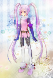 Rule 34 | 1girl, ak0130, arms at sides, belt, bodysuit, flower, full body, gloves, lace, long hair, o-ring, purple eyes, purple hair, shoes, sidelocks, solo, sophie (tales), tales of (series), tales of graces, thighhighs, twintails, white thighhighs