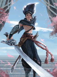 Rule 34 | 1girl, armor, artist name, black hair, blue pants, breasts, genderswap, genderswap (mtf), highres, holding, holding sword, holding weapon, katana, league of legends, linoir, long hair, looking at viewer, medium breasts, outdoors, pants, parted lips, rope, scar, scar on face, scar on nose, sheath, solo, stairs, sword, teeth, weapon, yasuo (league of legends)