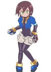 Rule 34 | 1girl, absurdres, aile (mega man zx), bodystocking, bodysuit, brown hair, closed mouth, gloves, green eyes, highres, layered sleeves, long sleeves, looking at viewer, mega man (series), mega man zx, pantyhose, pantyhose under shorts, robot ears, short hair, short over long sleeves, short sleeves, shorts, simple background, solo, spandex, white background