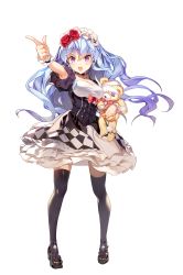 Rule 34 | 1girl, absurdres, alice (game of dice), angry, black thighhighs, blue hair, blush, breasts, cleavage, dress, flower, full body, game of dice, gilse, god of dice, hair flower, hair ornament, headdress, highres, holding, holding stuffed toy, index finger raised, long hair, looking at viewer, medium breasts, official art, open mouth, outstretched arm, purple eyes, round teeth, simple background, solo, standing, stuffed animal, stuffed toy, teddy bear, teeth, thighhighs, transparent background, white background, wrist cuffs