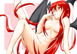 Rule 34 | 1girl, blush, breasts, female focus, finger to mouth, hair censor, hair over breasts, head wings, koakuma, large breasts, leg up, long hair, looking at viewer, multiple wings, navel, niwatazumi, nude, pointy ears, red eyes, red hair, sketch, solo, touhou, wings
