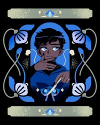 Rule 34 | 1boy, black background, black hair, black nails, blue butterfly, blue eyes, blue flower, bug, butterfly, bxnke, commentary, dark-skinned male, dark skin, dungeon meshi, english commentary, flower, hand on own chin, highres, holding, holding knife, insect, kabru, knife, light smile, looking to the side, male focus, short hair, solo, upper body