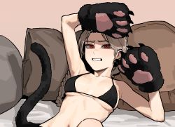 Rule 34 | 1girl, animal hands, bikini, black bikini, breasts, breasts apart, brown hair, brown pillow, cat paws, cat tail, gloves, gogalking, looking at viewer, medium breasts, original, parted lips, paw gloves, red eyes, shadow, solo, swimsuit, tail, underboob, upper body