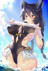 Rule 34 | 1girl, alternate breast size, animal ears, ariso kaoru, black hair, blush, braid, breasts, cloud, covered erect nipples, covered navel, food, food in mouth, granblue fantasy, highres, large breasts, melting, nier (granblue fantasy), nier (lover by the lily lake) (granblue fantasy), one-piece swimsuit, popsicle, popsicle in mouth, sideboob, sky, standing, suggestive fluid, swimsuit, thick thighs, thighs, twin braids, underboob, water