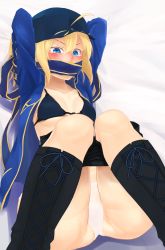 Rule 34 | 1girl, ahoge, angry, arms behind head, artoria pendragon (fate), baseball cap, black bra, blonde hair, blush, boots, bra, clothes pull, cross-laced footwear, fate/grand order, fate (series), gag, gagged, green eyes, hat, i-pan, jacket, lying, mysterious heroine x (fate), on back, panties, ponytail, restrained, rojiura satsuki : chapter heroine sanctuary, saber (fate), scarf, shorts, shorts pull, solo, tears, track jacket, underwear, white panties
