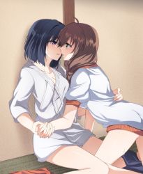Rule 34 | 2girls, ahoge, aizawa yasumi, aoi shiro, aoiro 050, blue hair, blush, commentary request, eye contact, green eyes, hair over shoulder, highres, holding hands, imminent kiss, indoors, interlocked fingers, looking at another, medium hair, multiple girls, osanai shouko, parted lips, purple eyes, shadow, short hair, sitting, thighs, yuri