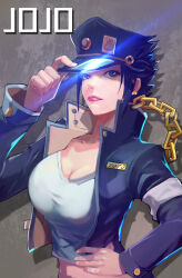 absurdres blue_eyes blue_gakuran blue_hair blue_jacket breasts chain commentary cropped_jacket earrings english_text genderswap genderswap_(mtf) gold_chain gunz hand_on_headwear hand_on_own_stomach highres jacket jewelry jojo_no_kimyou_na_bouken kuujou_joutarou large_breasts open_clothes open_jacket pink_lips shirt short_hair stud_earrings white_shirt