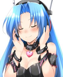 Rule 34 | 1girl, 5pb (neptunia), bare shoulders, blue hair, blush, breasts, cleavage, closed eyes, detached collar, doria (p f dolia), dress, facing viewer, headphones, listening to music, long hair, medium breasts, mole, mole under eye, nail polish, neptune (series), simple background, smile, solo, striped clothes, striped dress, upper body, vertical-striped clothes, vertical-striped dress, white background