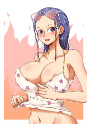 Rule 34 | 1girl, areola slip, bare arms, bare shoulders, blue eyes, blue hair, blush, breasts, breasts apart, cleavage, clothes lift, covered erect nipples, eyewear on head, female focus, hair slicked back, hands up, large breasts, long hair, looking at viewer, matching hair/eyes, navel, nico robin, one piece, open mouth, rasen kyuuri, shirt lift, sidelocks, simple background, solo, standing, sunglasses, tank top, undressing, upper body, wet, wet clothes