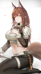 Rule 34 | 1girl, absurdres, animal ears, arknights, black choker, black pants, breasts, brown hair, choker, crop top, fox ears, franka (arknights), franka (rainforest me rainbow) (arknights), grey shirt, hand on own chest, highres, large breasts, leggings, long hair, long sleeves, looking at viewer, midriff, navel, no shoes, nopetroto, official alternate costume, pants, seiza, shirt, sitting, solo, stomach, thigh strap, thighs, very long hair, yellow eyes