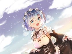Rule 34 | 10s, 1girl, :d, apron, bare shoulders, black ribbon, black skirt, blue eyes, blue hair, blue sky, blush, breasts, cleavage, cloud, cloudy sky, commentary, day, detached collar, detached sleeves, dutch angle, frilled shirt, frilled sleeves, frills, hair ornament, hair ribbon, hairband, juliet sleeves, long sleeves, looking to the side, maid apron, medium breasts, melings (aot2846), neck ribbon, open mouth, outdoors, pink ribbon, puffy sleeves, re:zero kara hajimeru isekai seikatsu, rem (re:zero), ribbon, round teeth, shirt, short hair, sidelocks, skirt, skirt hold, sky, sleeves past wrists, smile, solo, tareme, teeth, underbust, upper teeth only, white apron, white shirt, wide sleeves, wind, x hair ornament