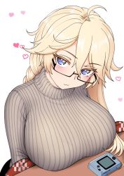 Rule 34 | 1girl, ahoge, alternate costume, bespectacled, black-framed eyewear, blonde hair, blue eyes, blush, breast rest, breasts, closed mouth, cypress, glasses, grey sweater, hair between eyes, heart, iowa (kancolle), kantai collection, kotatsu, large breasts, long hair, long sleeves, ribbed sweater, simple background, smile, solo, star-shaped pupils, star (symbol), sweater, symbol-shaped pupils, table, twitter username, white background