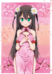 Rule 34 | 1girl, bad id, bad pixiv id, bare shoulders, black hair, blush, breasts, china dress, chinese clothes, cleavage, cleavage cutout, clothing cutout, dress, flower, green eyes, hair flower, hair ornament, long hair, looking at viewer, open mouth, original, own hands together, ragho no erika, side slit, solo, twintails, two side up