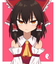 Rule 34 | 1girl, ascot, black hair, border, bow, closed mouth, commentary, detached sleeves, hair bow, hair tubes, hakurei reimu, looking at viewer, orb, outside border, red background, red bow, sidelocks, simple background, solo, split mouth, straight-on, strangenovel, touhou, upper body, white border, yellow ascot, yin yang, yin yang orb