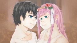 Rule 34 | 10s, 1boy, 1girl, bare shoulders, black hair, blue eyes, breasts, collarbone, commentary, couple, darling in the franxx, face-to-face, facing another, flower, forehead-to-forehead, green eyes, hair flower, hair ornament, heads together, hetero, highres, hiro (darling in the franxx), horns, long hair, looking at another, malyoo, medium breasts, nightgown, oni horns, pajamas, pink hair, red horns, short hair, sleeveless, white pajamas, zero two (darling in the franxx)