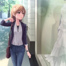 Rule 34 | 1girl, bag, black jacket, brown bag, brown eyes, brown hair, clothes shop, commentary request, commission, denim, dress, dress shirt, hand up, handbag, highres, jacket, jeans, jewelry, k3rd, long sleeves, misaka mikoto, necklace, open clothes, open jacket, open mouth, outdoors, pants, reflection, shirt, short hair, skeb commission, solo, toaru kagaku no railgun, toaru majutsu no index, tree, watch, wedding dress, white shirt, wristwatch