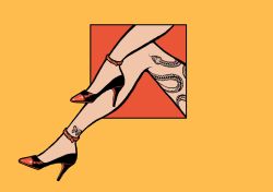 Rule 34 | 1girl, black footwear, border, butterfly tattoo, high heels, highres, legs, minillustration, original, outside border, red background, snake tattoo, solo, tattoo, yellow border