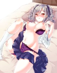Rule 34 | 10s, 1girl, bare shoulders, bed, blush, bra, breasts, clothes pull, emu (trigger), full-face blush, grey hair, groin, hair between eyes, hair ribbon, hand up, highres, idolmaster, idolmaster cinderella girls, kanzaki ranko, knee up, kneehighs, lace, lace-trimmed bra, lace trim, leg up, looking at viewer, lying, medium breasts, navel, nipples, nose blush, off shoulder, on back, open bra, open mouth, panties, panty pull, pillow, pleated skirt, purple bra, purple panties, purple ribbon, purple skirt, red eyes, ribbon, shiny skin, shirt, short eyebrows, short hair, skirt, skirt pull, socks, solo, stomach, sweat, twintails, underwear, white shirt, white socks