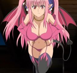 Rule 34 | 1girl, boots, demon girl, demon wings, highres, ijuin serena, jewelry, necklace, pink hair, red eyes, screencap, stitched, thigh boots, thighhighs, third-party edit, twintails, vampire (ova), wings