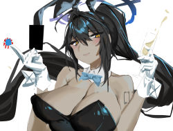 Rule 34 | 1girl, alcohol, animal ears, armpit crease, bare shoulders, black hair, blue archive, blue bow, blush, bow, card, champagne, closed mouth, covered navel, cup, dark-skinned female, dark skin, eyelashes, eyes visible through hair, fake animal ears, gloves, highres, holding, holding card, holding cup, karin (blue archive), karin (bunny) (blue archive), leotard, long eyelashes, long hair, mitsuki3s kir, pink lips, playboy bunny, poker chip, ponytail, rabbit ears, sketch, solo, upper body, white gloves, yellow eyes