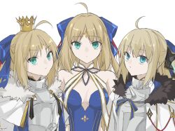 Rule 34 | 3girls, aesc (fate), aesc (savior) (fate), ahoge, armor, artoria caster (fate), artoria caster (swimsuit) (fate), artoria caster (swimsuit) (third ascension) (fate), artoria caster (third ascension) (fate), artoria pendragon (fate), black fur, black ribbon, blonde hair, blue bow, blue ribbon, bow, breasts, cape, capelet, closed mouth, crown, diamond (shape), fate/grand order, fate (series), fur-trimmed cape, fur-trimmed capelet, fur trim, green eyes, hair between eyes, hair bow, highres, kino kokko, looking at viewer, multiple girls, red hair, revision, ribbon, small breasts, swimsuit, white background, white cape, white fur, white ribbon