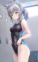 Rule 34 | 1girl, animal ear fluff, animal ears, bare shoulders, blue archive, blue eyes, blue one-piece swimsuit, blush, breasts, collarbone, competition swimsuit, covered navel, cross hair ornament, extra ears, grey hair, hair ornament, halo, highres, koyuki (kotatsu358), looking at viewer, medium breasts, medium hair, multicolored clothes, multicolored swimsuit, official alternate costume, one-piece swimsuit, shiroko (blue archive), shiroko (swimsuit) (blue archive), short ponytail, solo, swimsuit, thighs, wolf ears