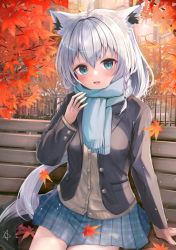 Rule 34 | 1girl, ahoge, animal ear fluff, animal ears, autumn leaves, bench, black jacket, blue scarf, blue skirt, blush, braid, brown cardigan, cardigan, commentary request, day, fox ears, fox girl, fox tail, green eyes, hair between eyes, highres, hololive, itone 114, jacket, long hair, looking at viewer, open clothes, open jacket, open mouth, outdoors, pentagram, plaid, plaid skirt, pleated skirt, scarf, shirakami fubuki, sidelocks, single braid, sitting, skirt, smile, solo, tail, virtual youtuber, white hair