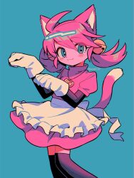 Rule 34 | 1girl, :3, ahoge, animal ears, apron, bell, black sleeves, black thighhighs, blue background, blue eyes, blush stickers, cat ears, cat girl, cat tail, dot nose, eyelashes, feet out of frame, gloves, hair bell, hair ornament, heart, heart necklace, highres, jewelry, mad mew mew, menma (enaic31), necklace, paw pose, pink shirt, pink skirt, shirt, short hair, short sleeves, simple background, skirt, tail, thighhighs, twintails, twitter username, undertale, waist apron, white gloves, zettai ryouiki
