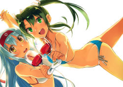 Rule 34 | 10s, 2girls, :d, absurdres, arm up, ass, bikini, blue bikini, blue hair, breasts, butt crack, cleavage, collarbone, cup, detexted, drinking glass, eyes visible through hair, green eyes, green hair, hair between eyes, hair ribbon, hairband, holding hands, highres, interlocked fingers, kantai collection, large breasts, leg up, long hair, multiple girls, nonco, open mouth, ribbon, scan, shoukaku (kancolle), side-tie bikini bottom, simple background, small breasts, smile, stitched, swimsuit, third-party edit, twintails, white background, white bikini, wine glass, yellow eyes, zuikaku (kancolle)