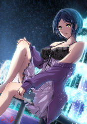 Rule 34 | 1girl, :p, babydoll, bare legs, bare shoulders, blue hair, breasts, cardigan, cellphone, cleavage, collarbone, dated, dress, fountain, glint, hand on own knee, hayami kanade, highres, holding, holding phone, idolmaster, idolmaster cinderella girls, leg up, looking at viewer, medium breasts, night, night sky, ochi r, off-shoulder dress, off shoulder, open cardigan, open clothes, outdoors, parted bangs, phone, purple cardigan, short hair, signature, sitting, sky, sleeves past wrists, solo, star (sky), thighs, tongue, tongue out, water