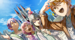 Rule 34 | + +, 2boys, 2girls, absurdres, asymmetrical bangs, blonde hair, blue hair, blue sky, castle, closed mouth, collared shirt, commentary request, gradient hair, grey hair, hair between eyes, hand up, highres, layered clothes, long hair, long sleeves, low-tied sidelocks, multicolored hair, multiple boys, multiple girls, omicos, one eye closed, open mouth, orange hair, partial commentary, pink eyes, pink hair, project sekai, purple eyes, purple hair, selfie, shirt, short hair, sky, star (symbol), streaked hair, teeth, upper body, upper teeth only, wonderlands x showtime (project sekai), yellow eyes