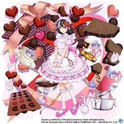 Rule 34 | 1girl, alternate costume, animal ears, black hair, blue hair, chocolate, chocolate making, commentary, cone horns, copyright name, copyright notice, dress, english commentary, food, full body, game cg, grey horns, heart, horns, kijin seija, kijin seija (rebellious maid), looking at viewer, maid, maid headdress, mallet, mini person, minigirl, multicolored hair, open mouth, pink dress, rabbit ears, red eyes, red hair, rotte (1109), short hair, short sleeves, solid oval eyes, solo, streaked hair, sukuna shinmyoumaru, sukuna shinmyoumaru (the mansion&#039;s smallest maid), third-party source, touhou, touhou lostword, white hair