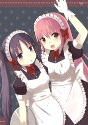 Rule 34 | 2girls, :d, :o, arm up, bad id, bad pixiv id, black hair, blue eyes, blush, bow, brown eyes, gloves, holding, long hair, looking at viewer, maid, maid headdress, multiple girls, nekomo, open mouth, original, pink hair, polka dot, polka dot background, smile, tray, twintails, white gloves