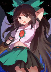 Rule 34 | 144udy, 1girl, absurdres, arm behind head, arm cannon, arm up, belt, bird wings, black background, black belt, black skirt, black wings, bow, brown eyes, brown hair, cape, collared shirt, commentary, control rod, cowboy shot, flat chest, frilled shirt collar, frills, green bow, green skirt, hair bow, highres, layered skirt, long hair, looking at viewer, medium bangs, navel, open mouth, print cape, reiuji utsuho, shirt, skirt, smile, solo, starry sky print, third eye, touhou, weapon, white cape, white shirt, wings