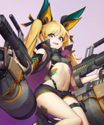 Rule 34 | 1girl, animal ears, arched back, armpit peek, armpits, bare shoulders, black shirt, black shorts, blonde hair, breasts, close-up, coat, copyright request, crop top, detached sleeves, dual wielding, fake animal ears, fangs, gun, highleg, holding, holding gun, holding weapon, jemogisseum, long hair, looking at viewer, midriff, navel, open clothes, open coat, open fly, open mouth, purple eyes, revealing clothes, shirt, short shorts, shorts, simple background, sleeveless, sleeveless coat, sleeveless shirt, small breasts, smile, solo, stomach, thigh strap, thighs, twintails, weapon