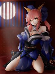 Rule 34 | 10s, 1girl, animal ears, bare shoulders, bow, breasts, cleavage, detached sleeves, fate/extra, fate (series), fox ears, full moon, hair bow, hair ribbon, highres, japanese clothes, large breasts, lipstick, long hair, looking at viewer, lyrie luna, makeup, moon, pink hair, ribbon, solo, tamamo no mae (fate/extra), twintails, yellow eyes