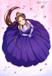 Rule 34 | 1girl, absurdres, aqua inc., ballgown, ballroom dress, blue flower, blue rose, blush, breasts, brown hair, cleavage, collarbone, dress, earrings, elbow gloves, floating hair, flower, formal, from above, gloves, gradient background, hair flower, hair ornament, hand on own wrist, highres, jewelry, large breasts, long hair, looking at viewer, magazine scan, megami magazine, necklace, official art, parted bangs, patterned background, petals, pink background, pink flower, print dress, purple background, purple dress, purple eyes, purple gloves, rose, scan, smile, solo, sortiliena serlut, sparkle background, sword art online, sword art online: alicization, tiara
