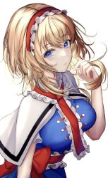 Rule 34 | 1girl, 7saki, alice margatroid, ascot, bad id, bad twitter id, blonde hair, blue dress, blue eyes, capelet, closed mouth, dress, frilled ascot, frilled dress, frills, highres, medium hair, puffy short sleeves, puffy sleeves, red ascot, short sleeves, simple background, smile, solo, touhou, white background, white capelet