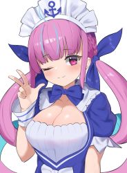 Rule 34 | 1girl, absurdres, blue bow, blue ribbon, bow, breasts, cleavage, collarbone, highres, hololive, large breasts, looking at viewer, minato aqua, minato aqua (1st costume), one eye closed, pocari (sq551), purple eyes, purple hair, ribbon, salute, twintails, two-finger salute, virtual youtuber