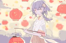 Rule 34 | 1girl, artist name, blunt bangs, blush, buttons, commentary, cowboy shot, dot nose, ear piercing, english commentary, floral print, grey hair, hair ornament, highres, holding, holding lantern, lantern, long hair, looking at viewer, low ponytail, melanbread, mid-autumn festival, original, paper lantern, piercing, pleated skirt, shade, shirt, sidelocks, signature, skirt, smile, solo, white shirt, wide sleeves, yellow eyes, yellow skirt