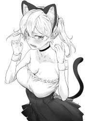Rule 34 | 1girl, animal ears, blush, breasts, cat ears, cat tail, commentary request, cowboy shot, ear blush, embarrassed, fake animal ears, fang, greyscale, hair ornament, hair scrunchie, hairband, highres, large breasts, looking at viewer, medium hair, monochrome, open mouth, original, scrunchie, skirt, solo, strapless, sweat, sweatdrop, tail, translation request, twintails, white background, wrist cuffs, yakitomato