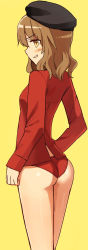 Rule 34 | 1girl, ass, blush, brown eyes, brown hair, dress shirt, fernandia malvezzi, from behind, glastonbury1966, hat, long hair, long sleeves, open mouth, panties, profile, red panties, shirt, sideways mouth, simple background, solo, strike witches, strike witches: kurenai no majo-tachi, underwear, world witches series, yellow background