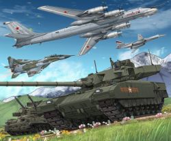 Rule 34 | 2k22 tunguska, aircraft, airplane, anti-aircraft, anti-aircraft gun, blue sky, bomber, cloud, cloudy sky, commentary request, cyrillic, day, dutch angle, fighter jet, flower, frown, grass, heavy bomber, highres, jet, mig-29, mikeran (mikelan), military, military vehicle, motion blur, motor vehicle, mountain, no humans, original, outdoors, penetrator (aircraft), roundel, russia, russian army, russian text, self-propelled anti-aircraft-gun, self-propelled anti-aircraft weapon, self-propelled gun, sky, star (symbol), strategic bomber, t-14 armata, tank, tu-160, tu-95, vehicle focus