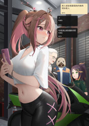 Rule 34 | 2boys, 2girls, black pants, blush, brown hair, cellphone, character request, choker, commentary request, copyright request, cowboy shot, crop top, dog, green eyes, hair intakes, highres, holding, holding phone, horns, leggings, long hair, midriff, multicolored hair, multiple boys, multiple girls, navel, nose blush, pants, phone, pink hair, ponytail, purple eyes, ri qing, shirt, short sleeves, smartphone, standing, stomach, streaked hair, thighs, very long hair, white hair, white shirt