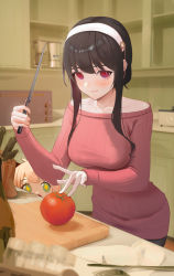 Rule 34 | + +, 2girls, anya (spy x family), black hair, blender (object), blush, breasts, cjc, cutting board, dress, fork, hairband, highres, holding, holding knife, indoors, kitchen, kitchen knife, knife, looking at viewer, medium breasts, medium hair, microwave, multiple girls, open mouth, pink hair, red dress, red eyes, short hair with long locks, spy x family, tomato, white hairband, yor briar