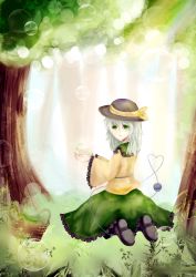 Rule 34 | 1girl, aqua hair, arms up, bad id, bad pixiv id, blouse, blurry, bubble, depth of field, forest, from behind, grass, green eyes, hat, hat ribbon, heart, heart of string, kneeling, komeiji koishi, light particles, light rays, looking at viewer, looking back, nature, parted lips, petals, picnic basket, ribbon, shirt, short hair, skirt, solo, sunbeam, sunlight, third eye, touhou, zoar